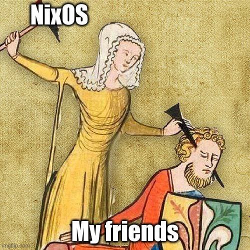 Женщина с топором NixOS нападает на мужчину "Мои друзья" в средневековом стиле