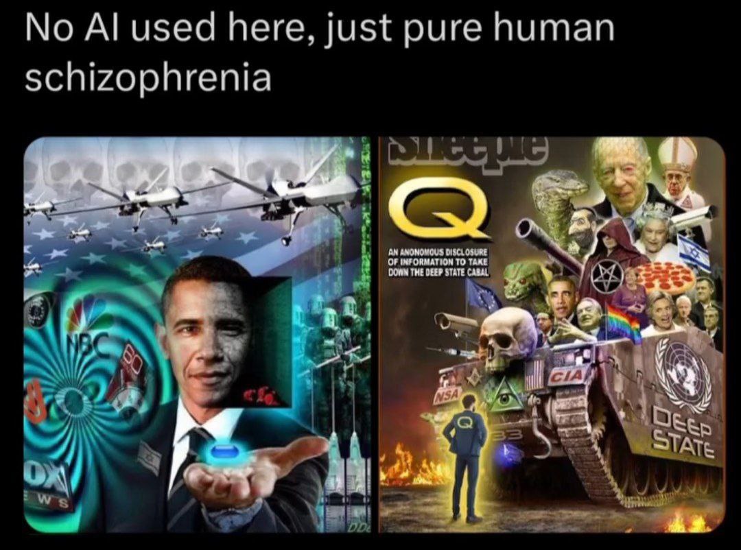 No AI used here, just pure human schizophrenia Мем "No AI used here, just pure human schizophrenia" с коллажем конспирологических теорий