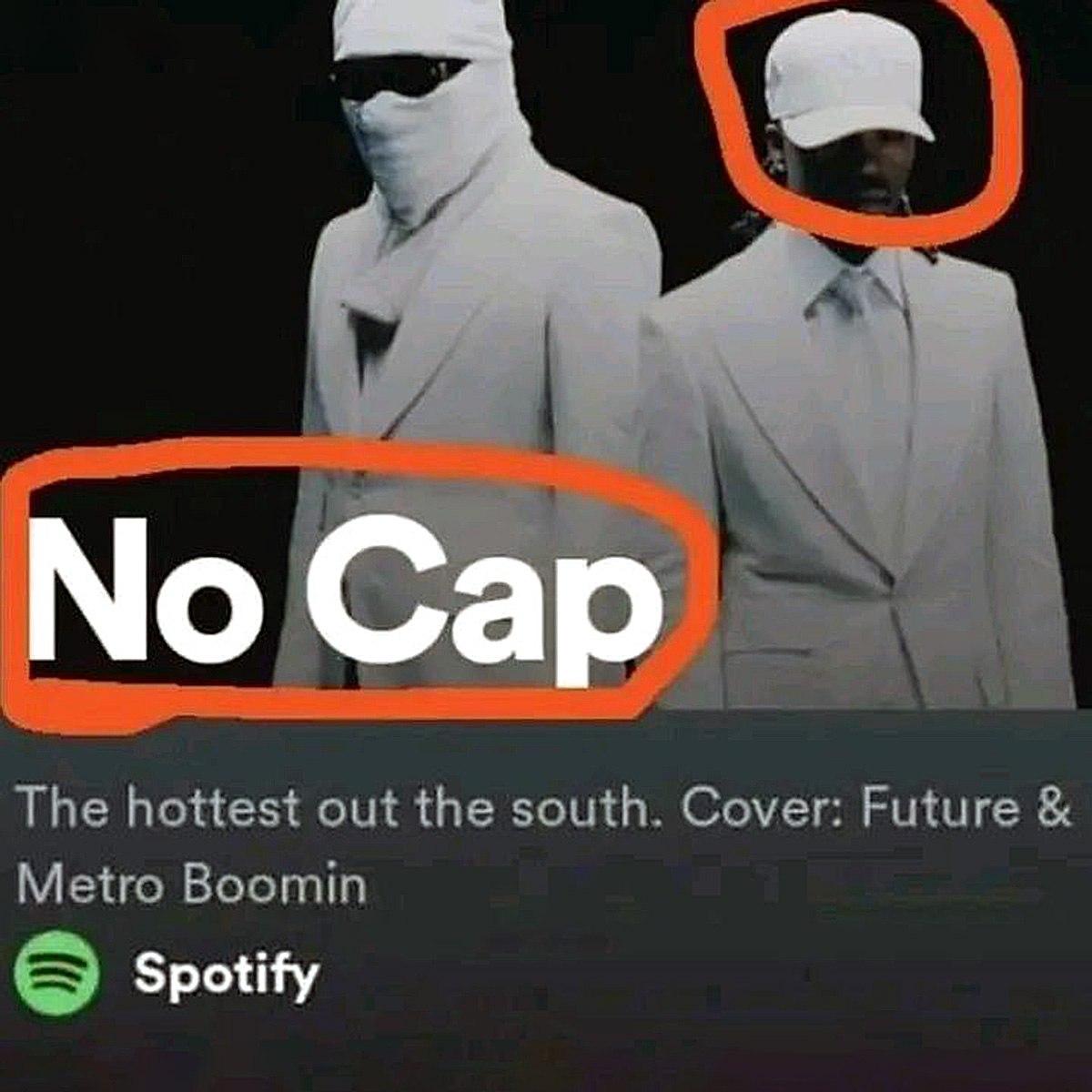 No Cap и человек в кепке Мем со скриншотом из Spotify, на котором изображена обложка плейлиста "No Cap" с человеком в белой кепке.