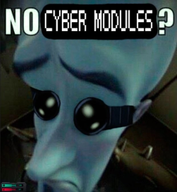 Нет кибермодулей? Мем с синим инопланетянином из System Shock и текстом "No cyber modules?"
