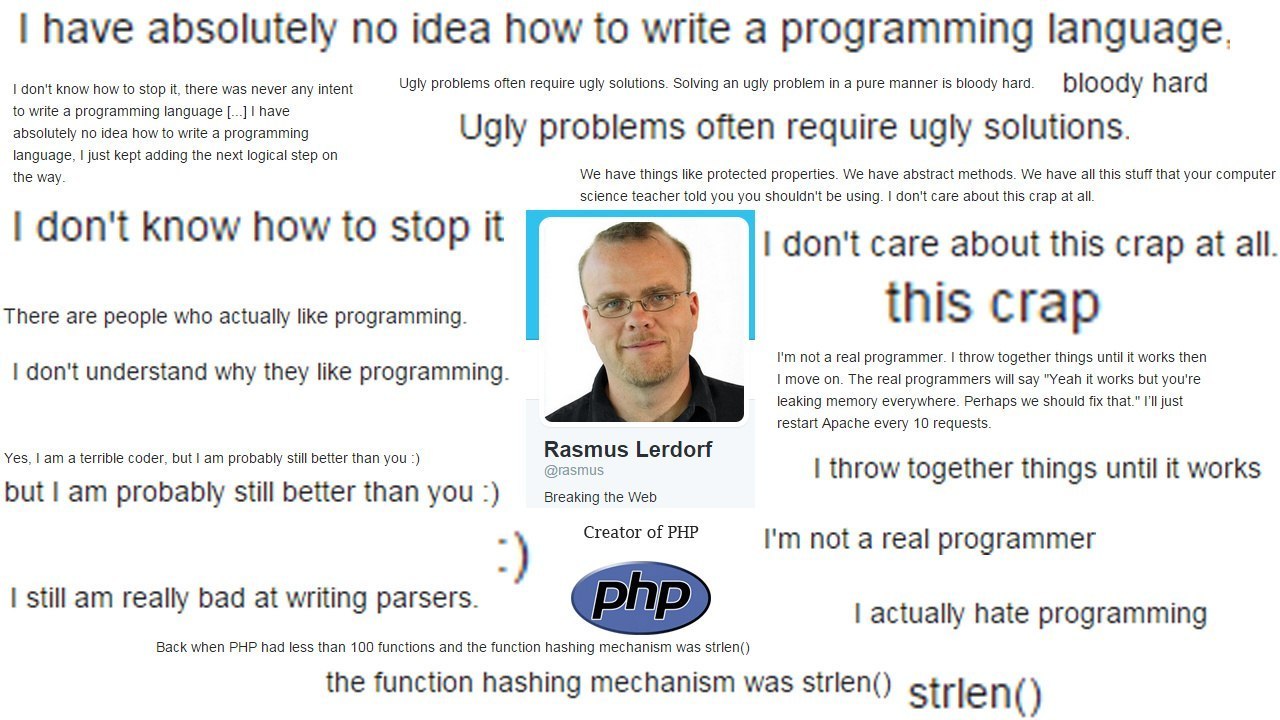 Расмус Лердорф, создатель PHP, рассказывает о том, как не знает, как написать язык программирования, собирает код методом проб и ошибок и не понимает любовь людей к программированию.
