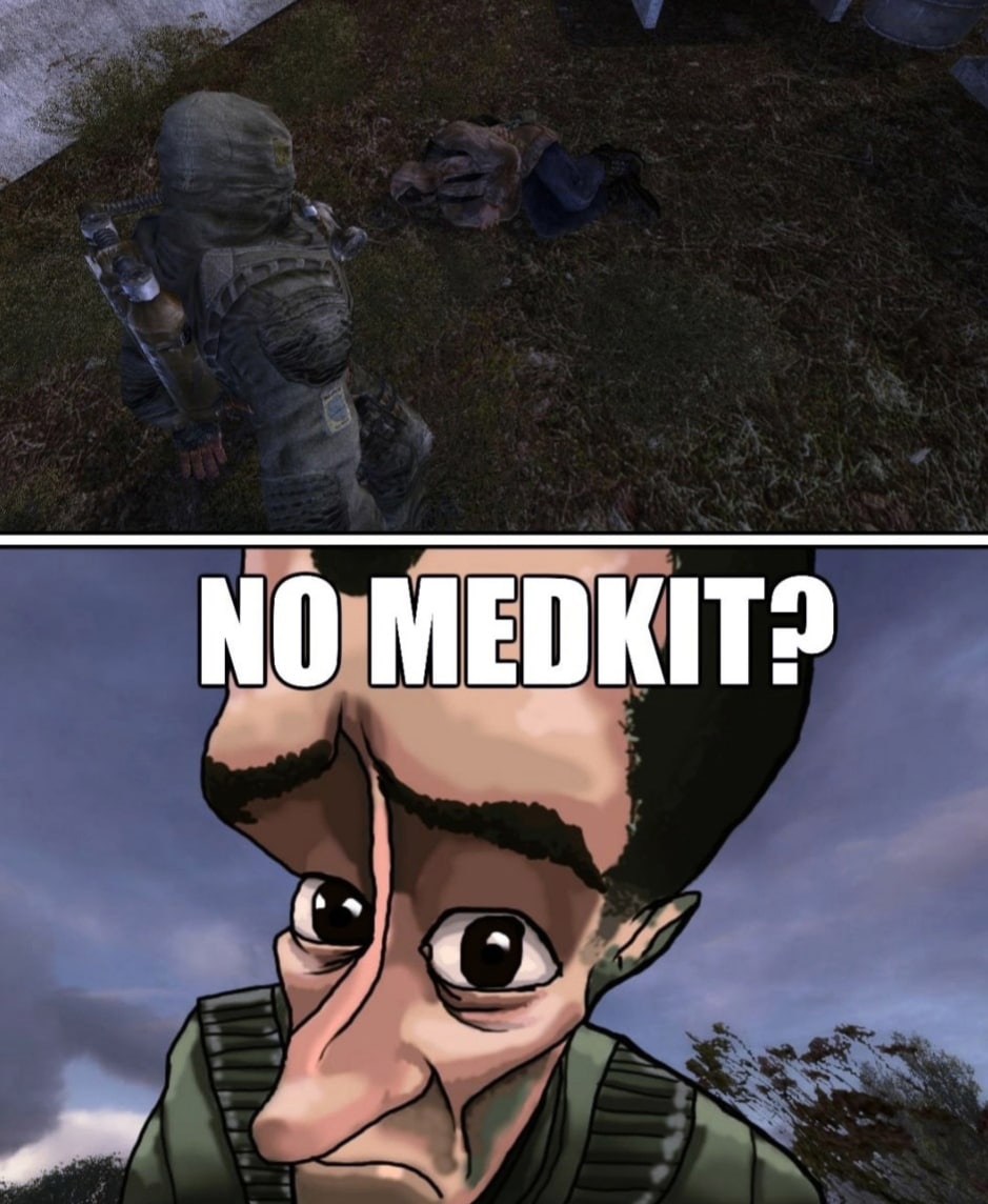 No medkit? Удивлённый взгляд персонажа S.T.A.L.K.E.R. в противогазе, обращённый к мёртвому сталкеру на земле, с текстом «No medkit?»