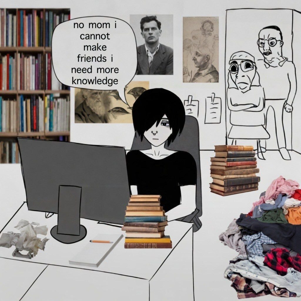 Девушка сидит за компьютером среди книг и объясняет маме: «No mom, I cannot make friends. I need more knowledge» — «Нет, мам, я не могу заводить друзей. Мне нужно больше знаний».