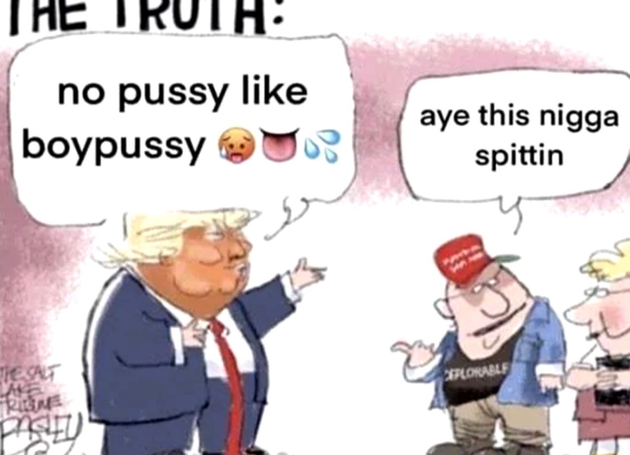No pussy like boypussy Трамп Карикатура, где Дональд Трамп говорит «no pussy like boypussy», а мужчина в кепке MAGA соглашается с ним