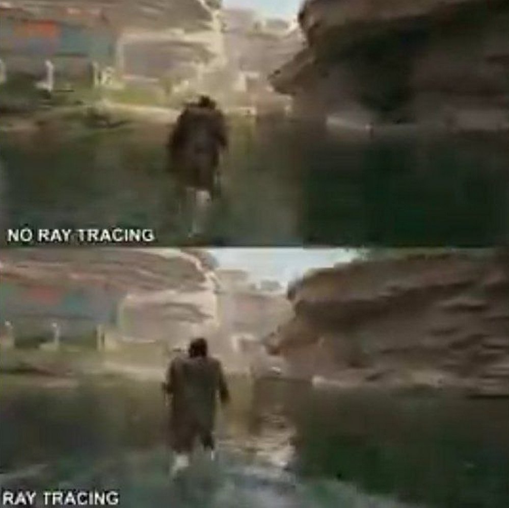 No ray tracing vs ray tracing Сравнение графики: No ray tracing против ray tracing, с персонажем, идущим по воде.