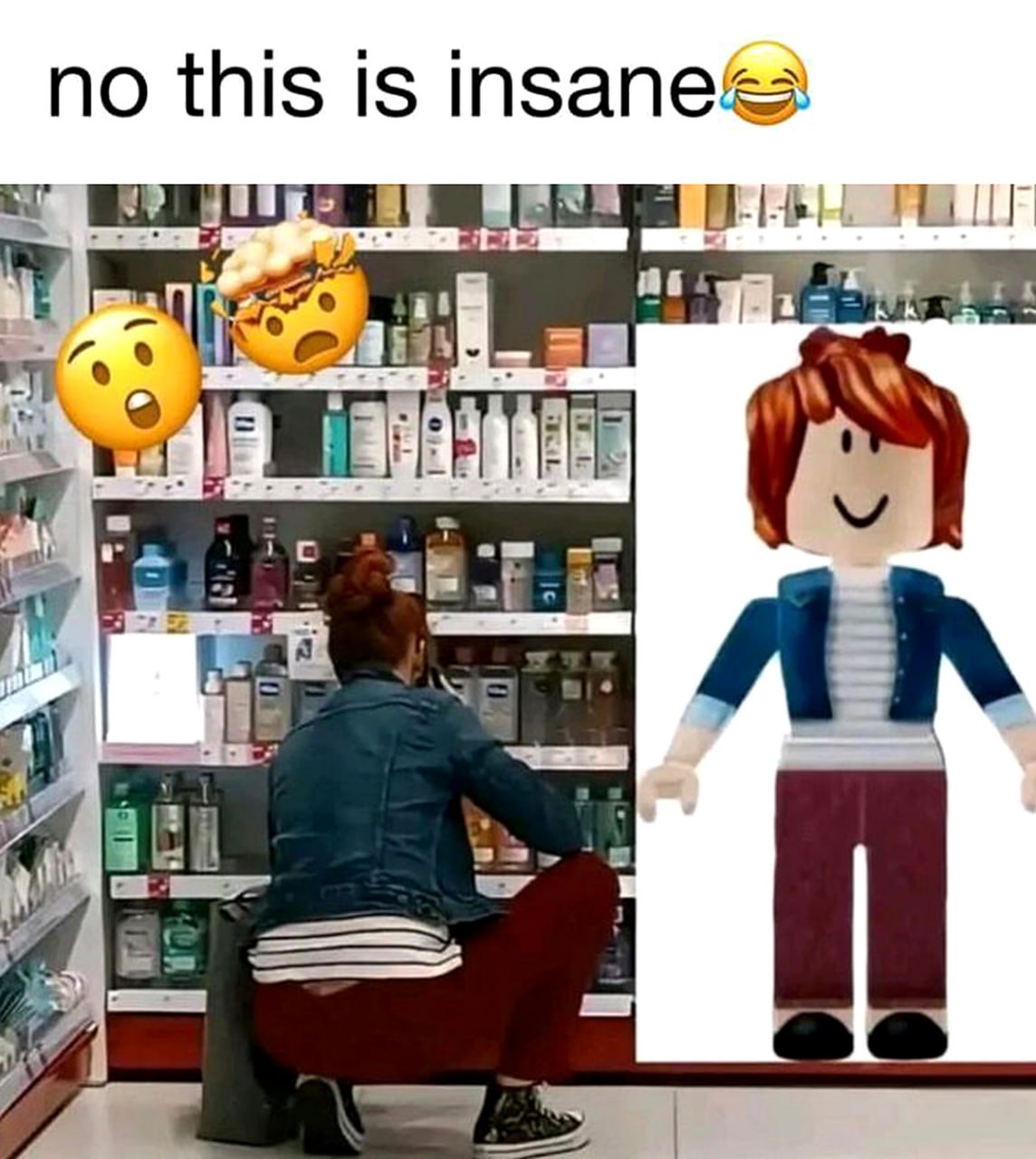 No this is insane Девушка в магазине, очень похожая на персонажа Roblox, одетая в красные штаны и джинсовую куртку