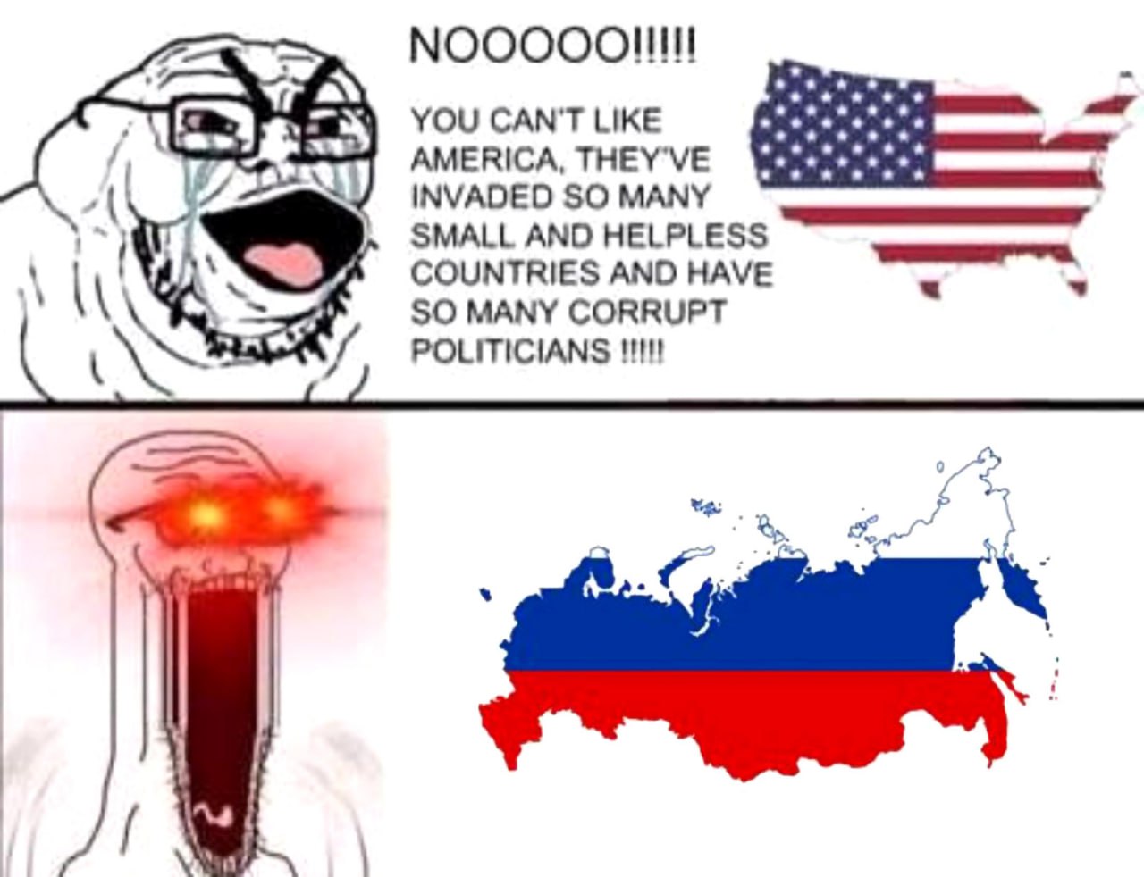 Нет, ты не можешь любить Россию Мем, где вояк кричит на американскую карту и злится на российскую карту.