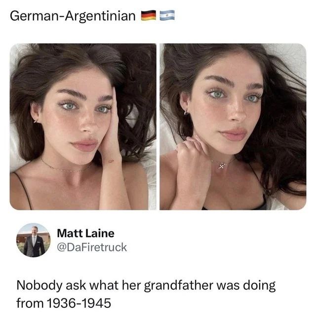Nobody ask what her grandfather was doing from 1936-1945 Мем с немецко-аргентинкой, о том чем занимался её дедушка в период с 1936 по 1945 год