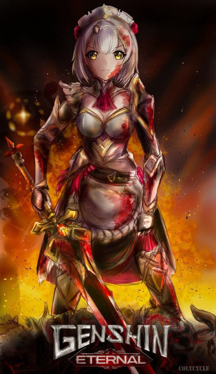 Ноэлль Genshin Eternal Персонаж Ноэлль из игры Genshin Impact в окровавленных доспехах на фоне огня, с мечом в руке, попирает поверженных врагов. Ниже надпись Genshin Eternal.