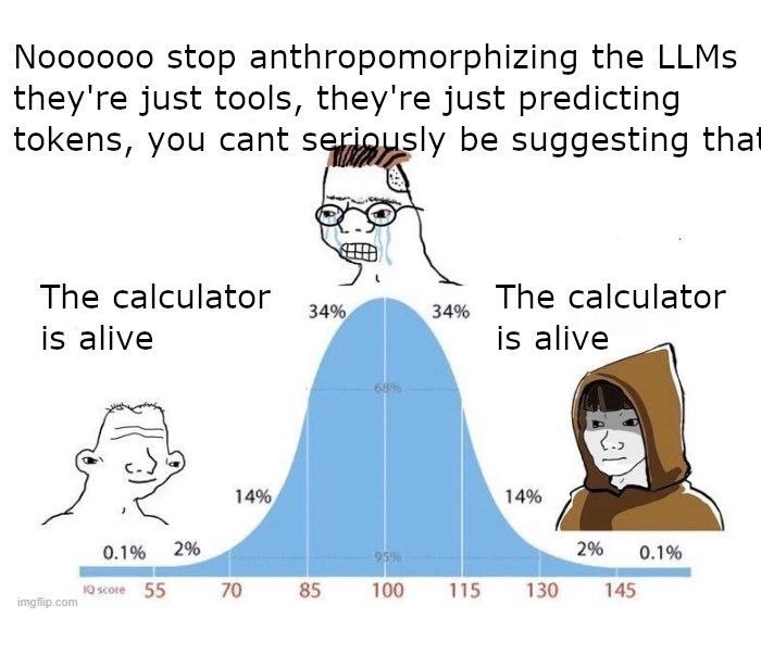 Мем про нормальное распределение IQ, где люди с низким и высоким IQ верят, что калькулятор жив, а человек со средним IQ отрицает антропоморфизацию LLM