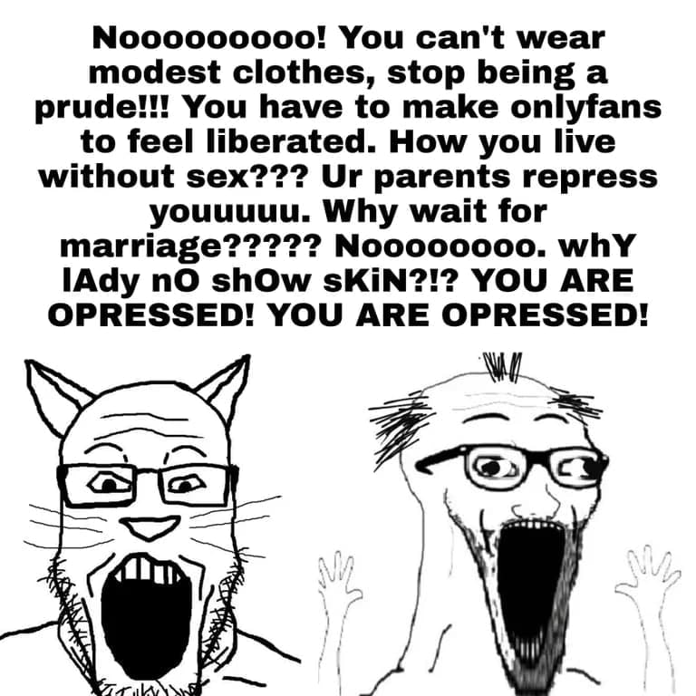 Noooooooo! You can't wear modest clothes Мем с двумя вояками, кричащими Noooooooo! You can't wear modest clothes, stop being a prude!!!