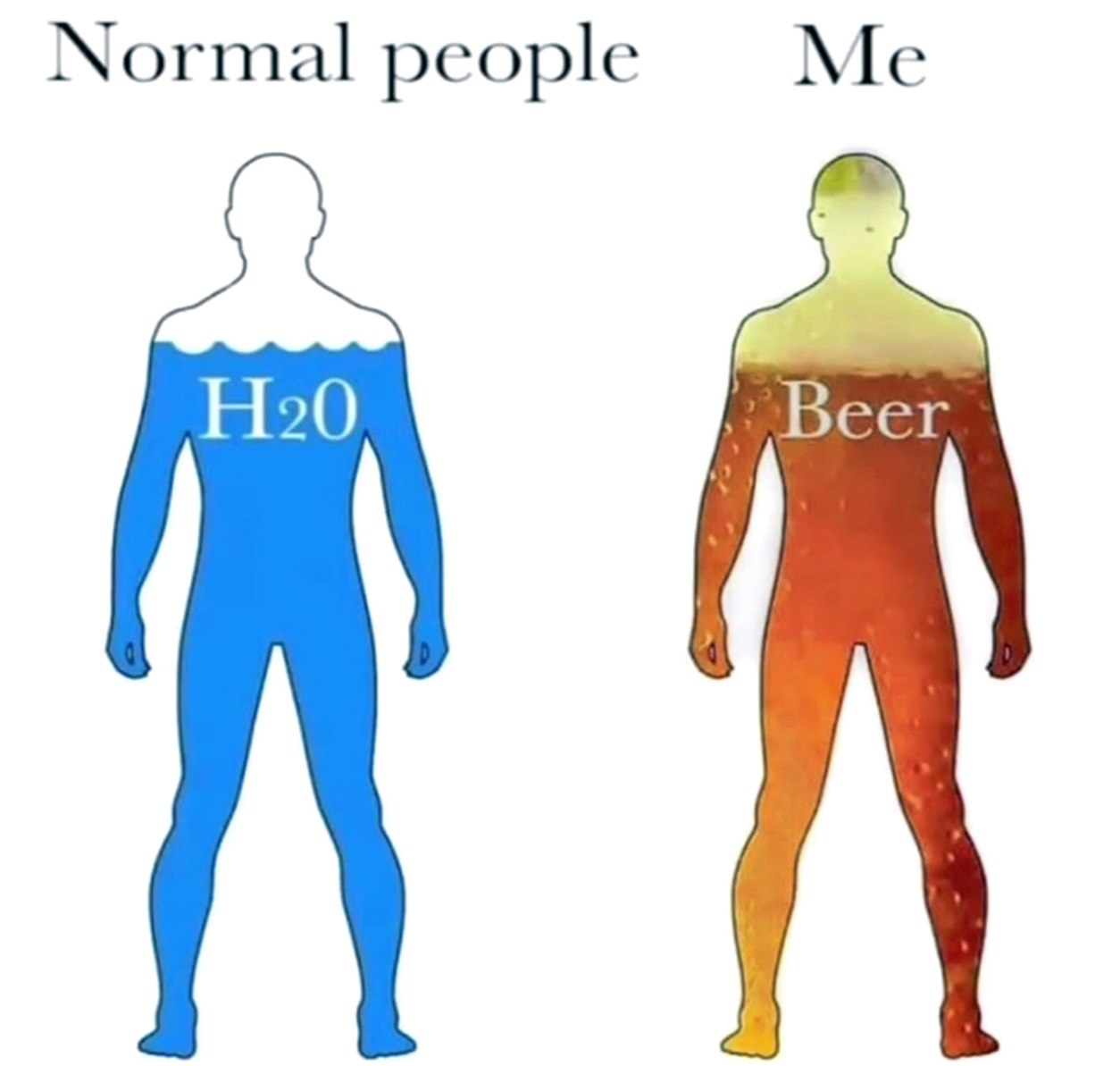 Normal people vs Me beer Мем с человеком, который состоит из воды, и человеком, который состоит из пива