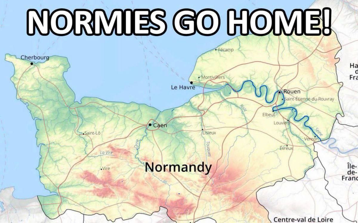 Normies go home! Карта Нормандии На карте Франции выделен регион Нормандия, над которым крупным белым текстом с черной обводкой написано "Normies go home!".