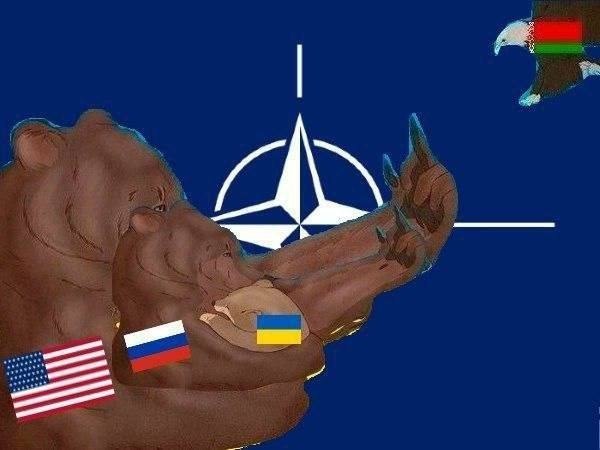 Политическая карикатура с носорогом, флагами США, России и Украины на фоне символа НАТО и перекрестия прицела