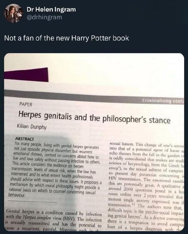 Not a fan of the new Harry Potter book Мем про доктора Хелен Ингрэм, которая не фанат новой книги о Гарри Поттере, под которой скрывается научная статья «Генитальный герпес и позиция философа».