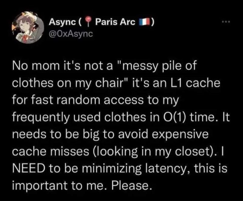 No mom it's not a "messy pile of clothes on my chair" Мама, это не "грязная куча одежды на моем стуле", это кэш L1.