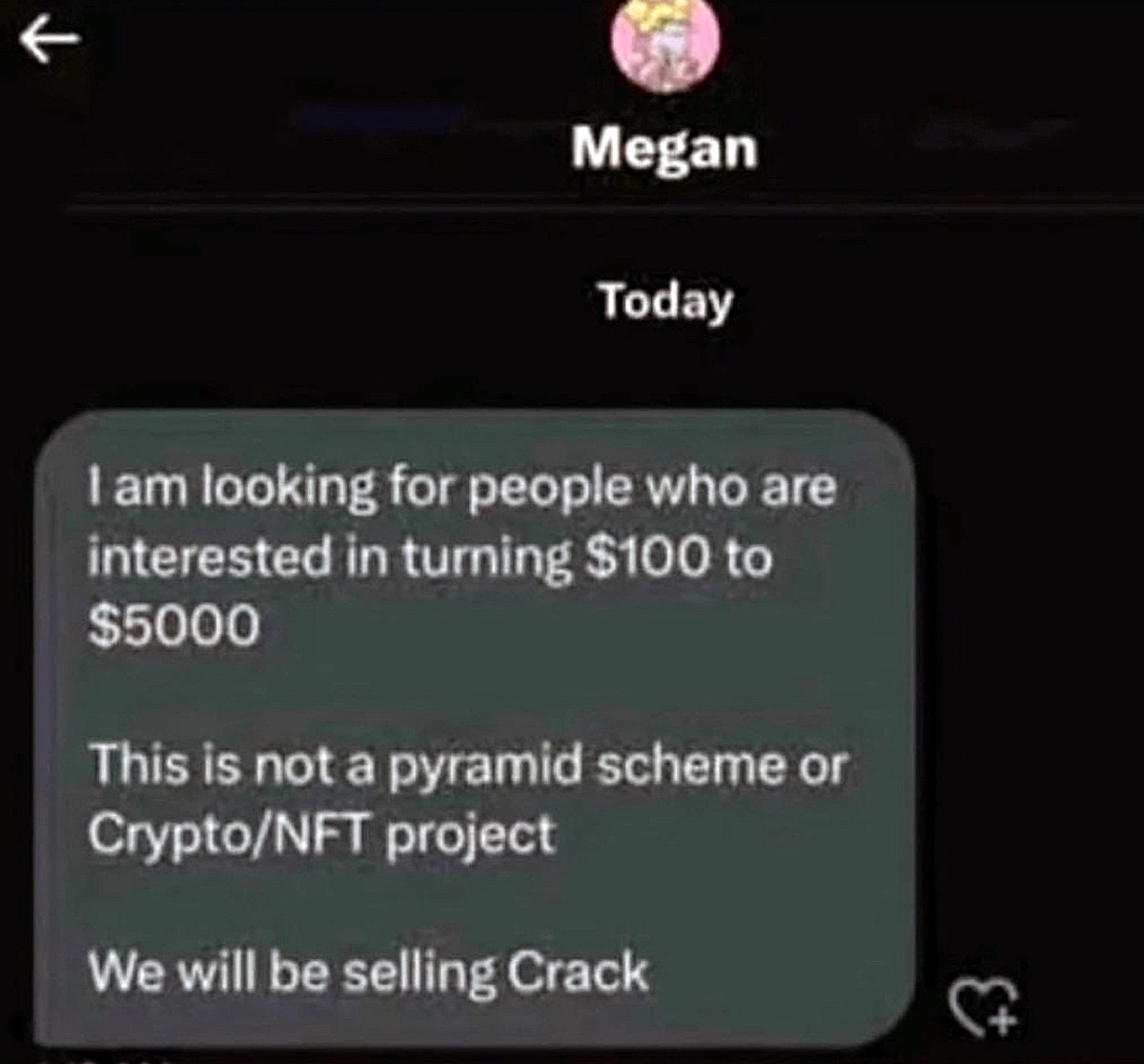 Not a pyramid scheme. We will be selling Crack Мем, где Megan предлагает превратить 100 долларов в 5000, продавая крэк.