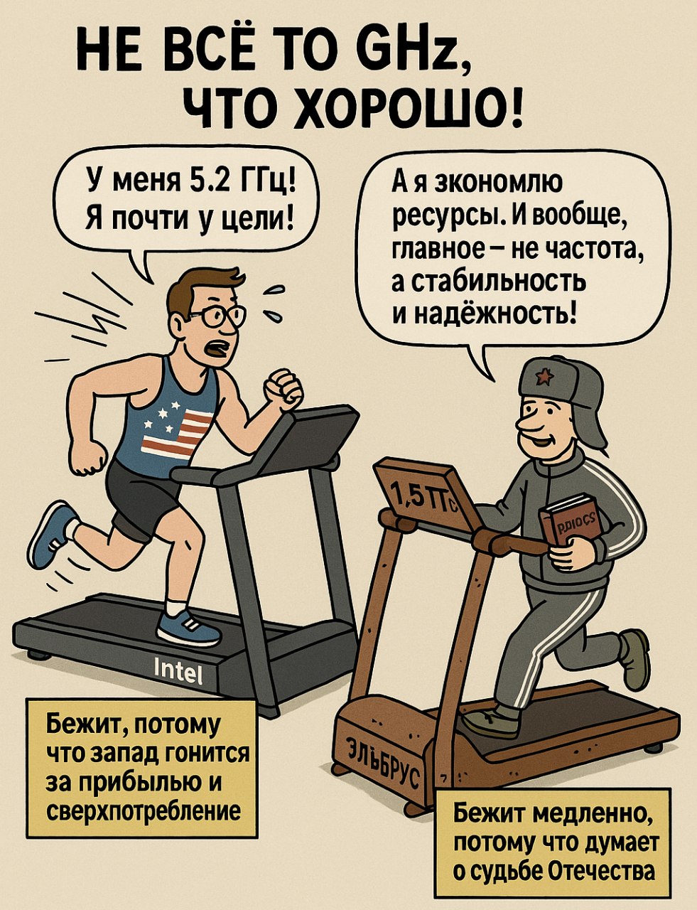 Не всё то GHz, что хорошо Мем с двумя бегунами на беговых дорожках, символизирующими процессоры Intel и Эльбрус, с текстом «Не всё то GHz, что хорошо!»