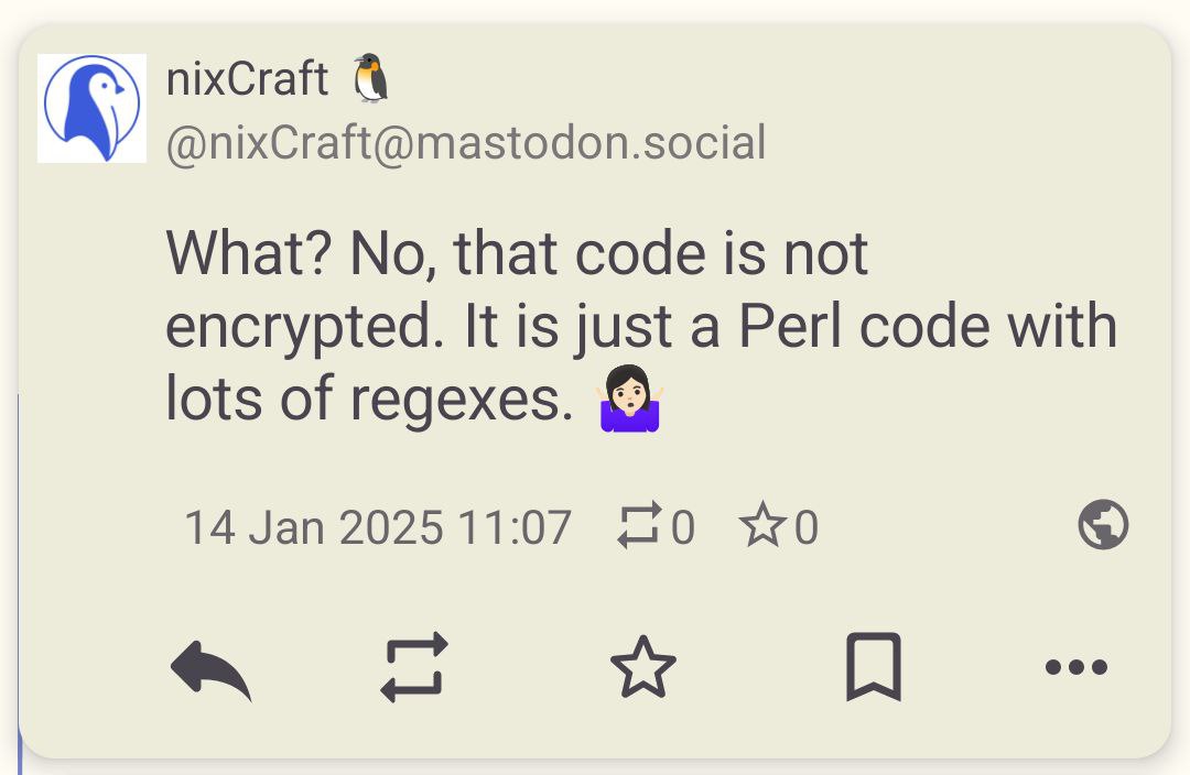 Нет, этот код не зашифрован Код Perl с большим количеством регулярных выражений, который выглядит как зашифрованный.