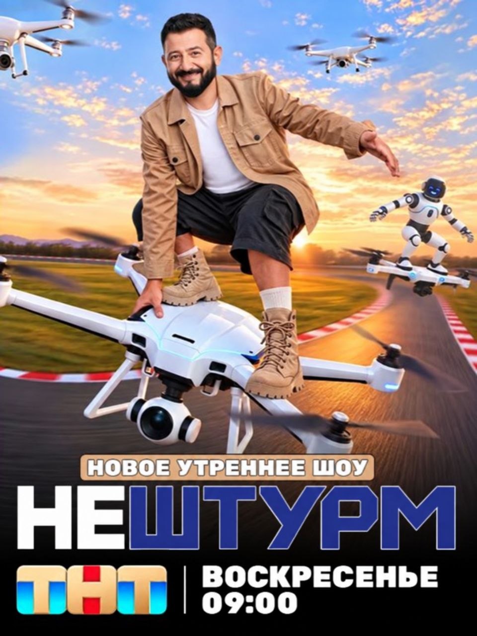 Пародийный постер утреннего шоу «Нештурм»: мужчина летит на огромном дроне, а робот и другие квадрокоптеры сопровождают его над гоночной трассой.