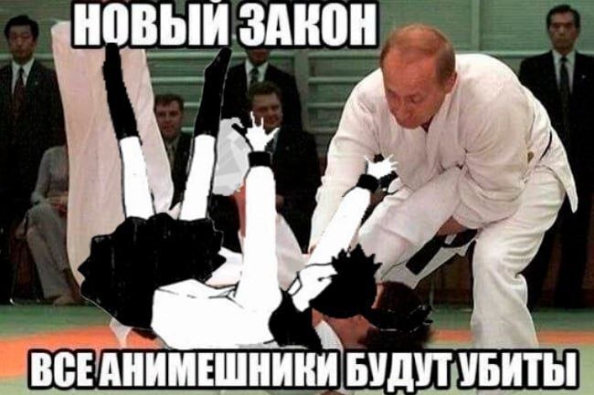 Путин в кимоно бросает соперника на татами с подписью «Новый закон: все анимешники будут убиты».