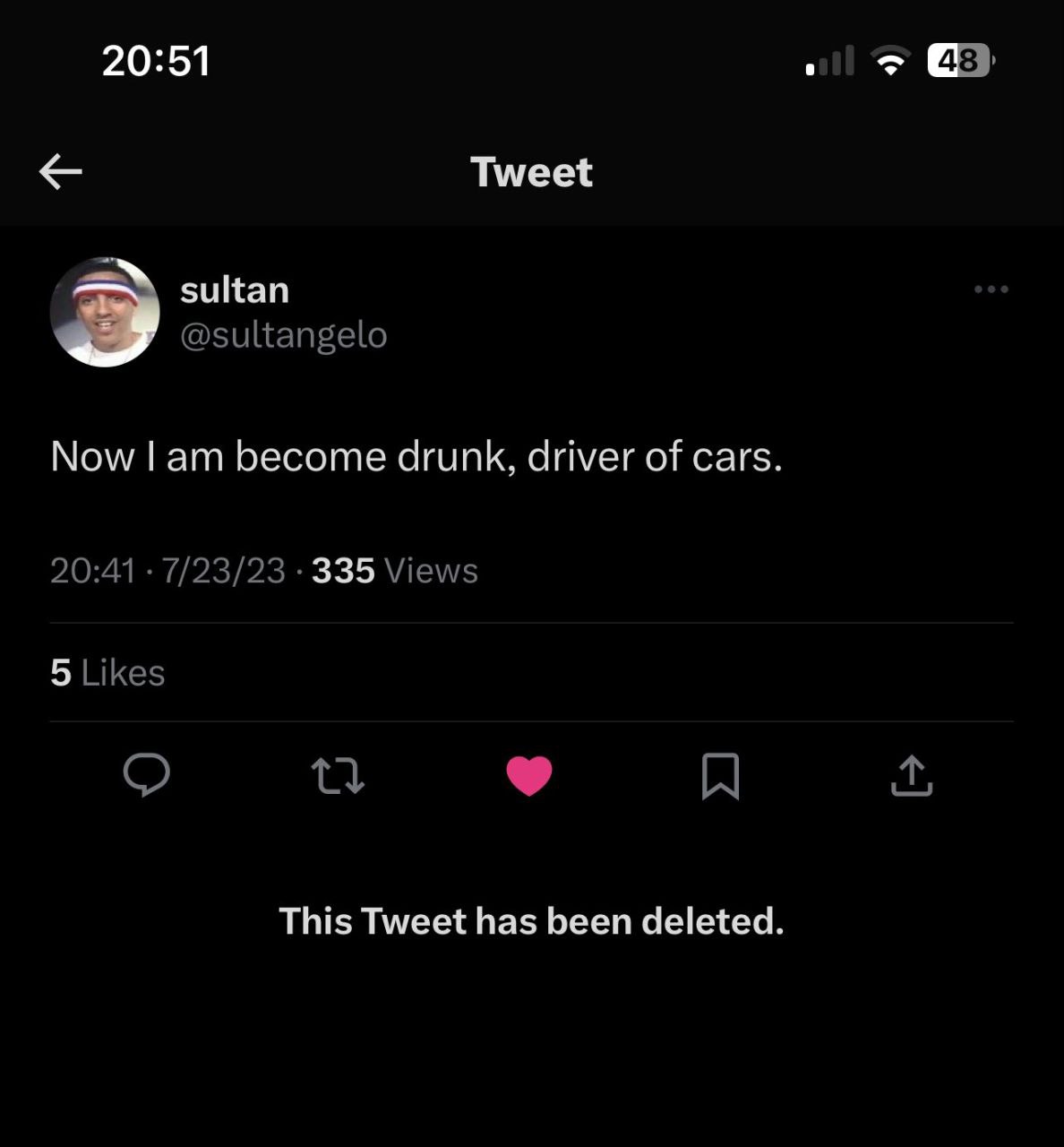 Now I am become drunk, driver of cars Скриншот твита "Now I am become drunk, driver of cars" и сообщение "This Tweet has been deleted."