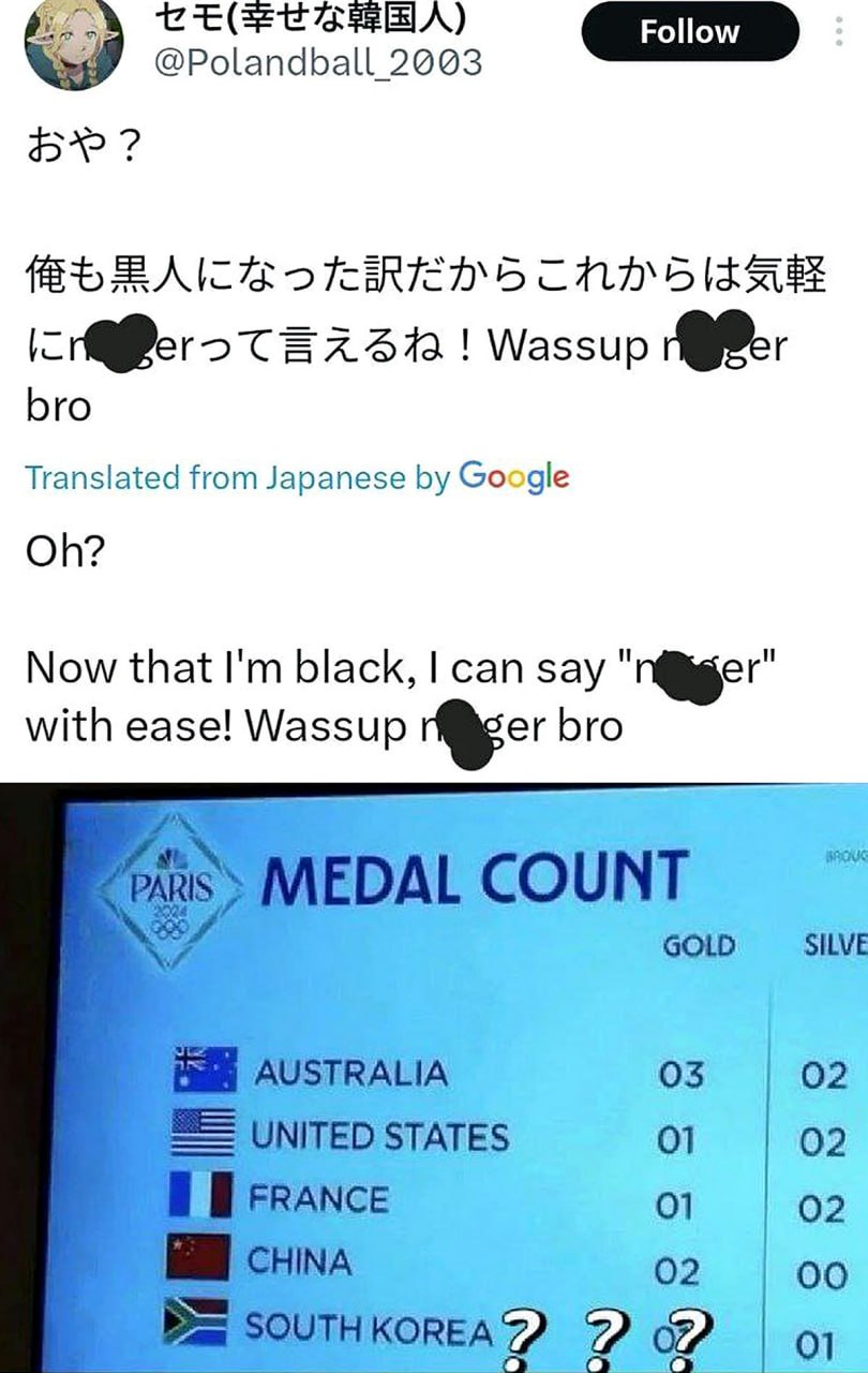 Now that I'm black Мем про список медалей Олимпийских игр в Париже, где Южная Корея находится в конце списка, а сверху – скриншот твита, где пользователь пишет: «Теперь, когда я стал черным, я могу легко говорить "ниггер"! Здарова, братишка».