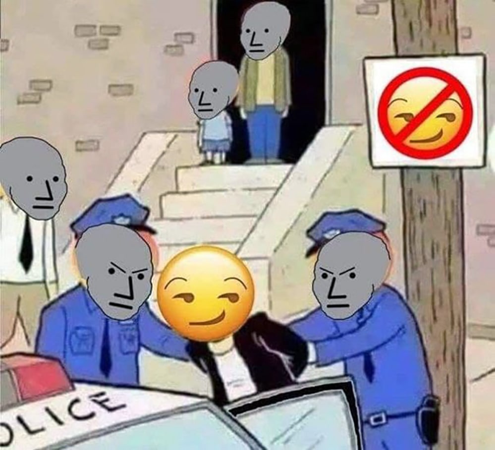NPC и эмодзи с подмигиванием арестованы Грустные человечки NPC и полицейские задерживают эмодзи с подмигиванием