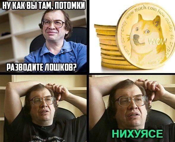 Ну как вы там, потомки, разводите лошков? Мужчина в очках удивлен ростом Dogecoin, спрашивая "Ну как вы там, потомки, разводите лошков?" и затем "Нихуясе" при виде успеха криптовалюты.