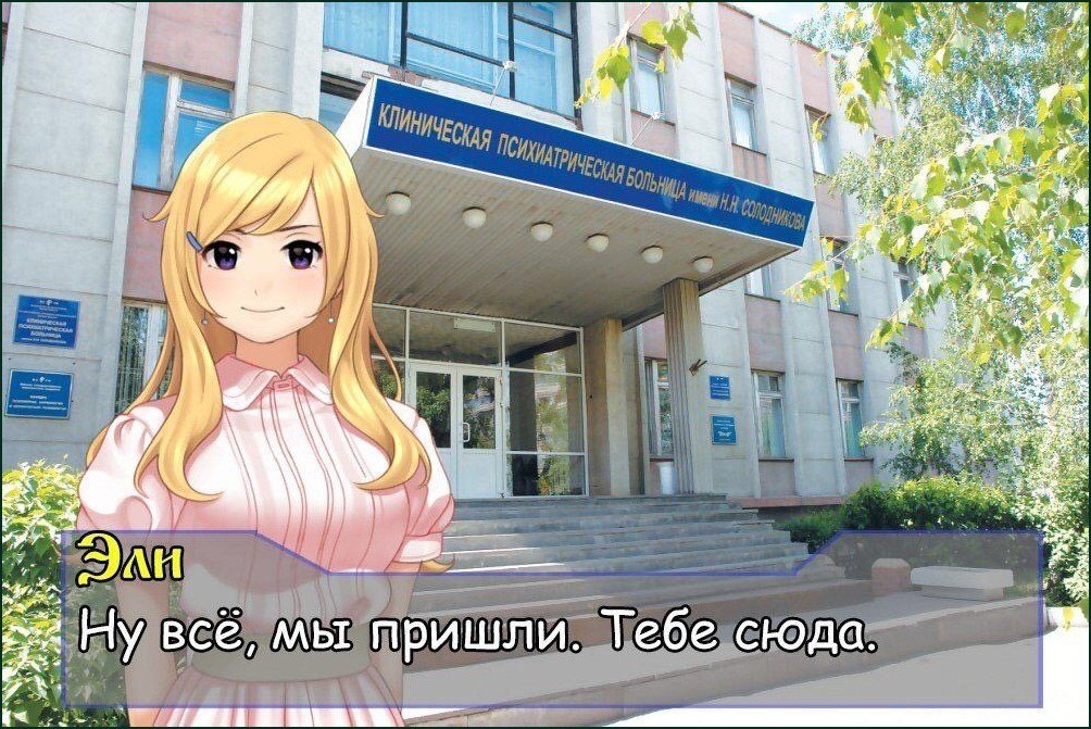 Аниме-девушка Элин приводит собеседника к клинической психиатрической больнице и говорит: «Ну всё, мы пришли. Тебе сюда».