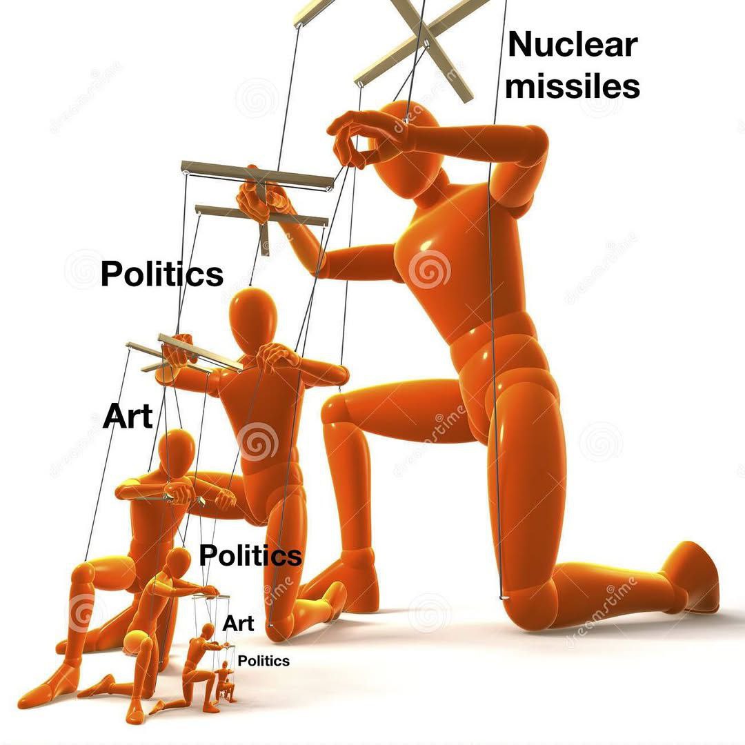 Nuclear missiles Politics Art Мем про ядерные ракеты, политику и искусство, управляющие друг другом, в виде цепочки марионеток