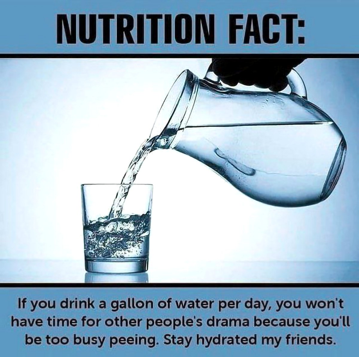 NUTRITION FACT Мем с надписью NUTRITION FACT, где кувшин наливает воду в стакан, а текст под изображением шутит о том, что если пить много воды, не будет времени на чужие драмы, потому что придется часто ходить в туалет.