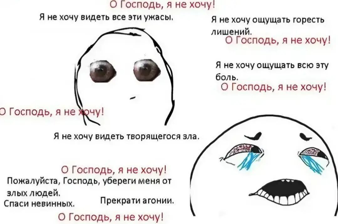 О Господь, я не хочу Мем с фразой 'О Господь, я не хочу', выражающий отчаяние и мольбу об избавлении от страданий и зла.