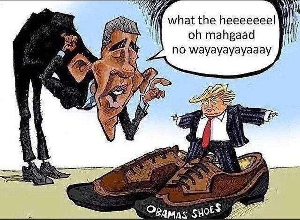 Обама и Трамп "ботинки Обамы" Карикатура, на которой высокий Барак Обама смотрит на маленького Дональда Трампа, стоящего в одной из его огромных туфель с надписью "Obama's shoes"
