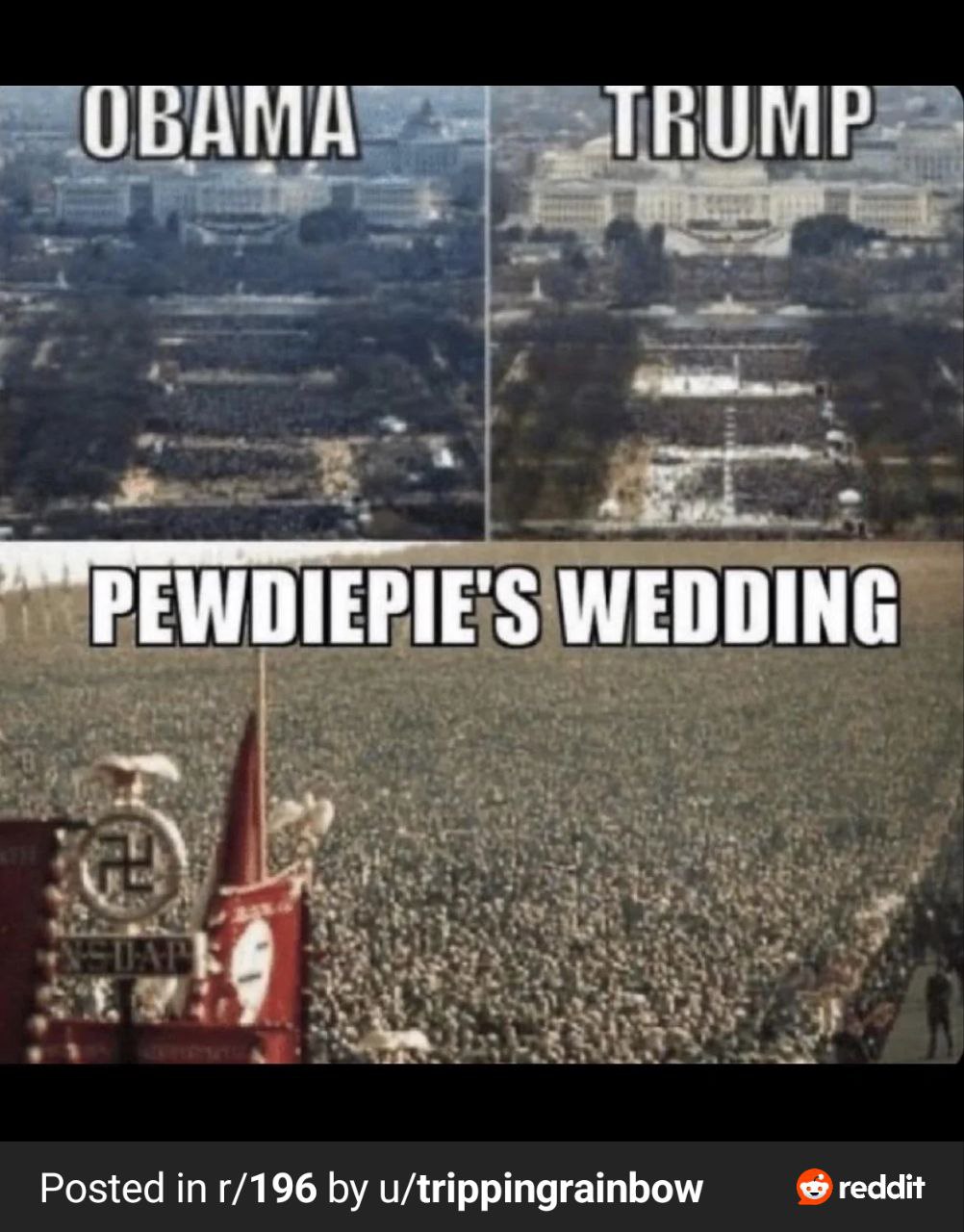 Обама, Трамп, свадьба PewDiePie Сравнение количества людей на инаугурациях Обамы и Трампа и на «свадьбе PewDiePie»