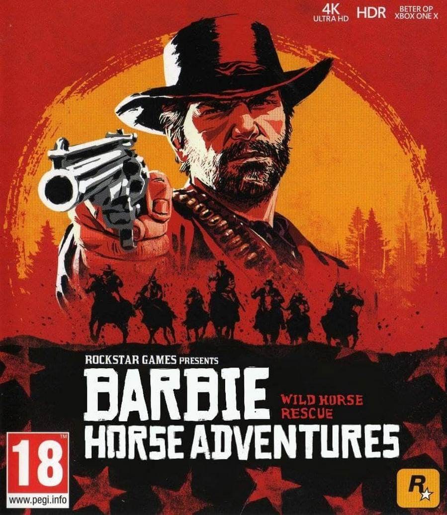 Обложка Red Dead Redemption 2 с надписью Barbie Мем "Обложка Red Dead Redemption 2 с надписью Barbie" – это обложка компьютерной игры Red Dead Redemption 2, где вместо названия игры написано "Barbie Horse Adventures", что вызывает смех из-за резкого контраста между брутальным вестерном и детской игрой про лошадей.