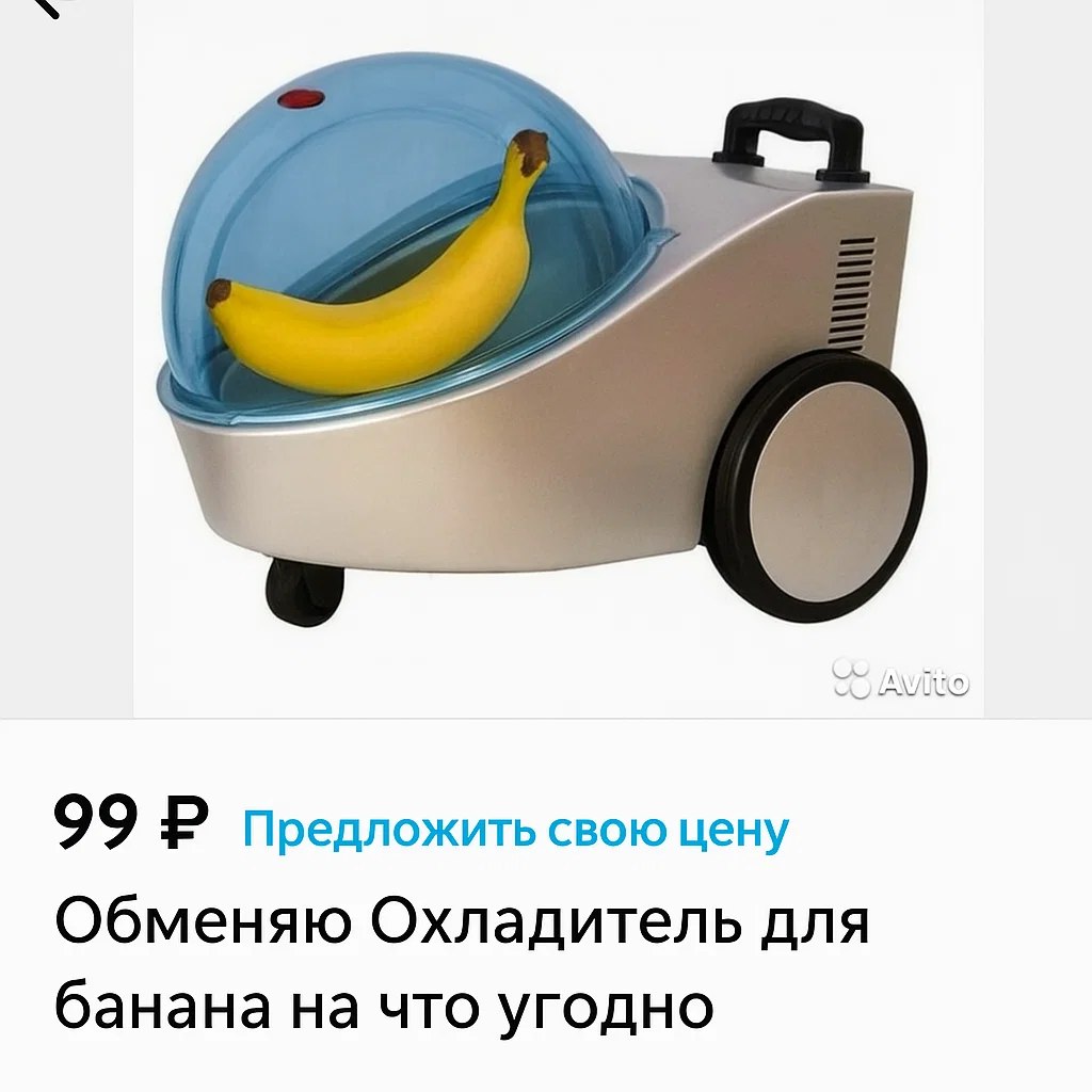 Обменяю Охладитель для банана на что угодно Мем с "Охладителем для банана", выставленным на Avito за 99 рублей