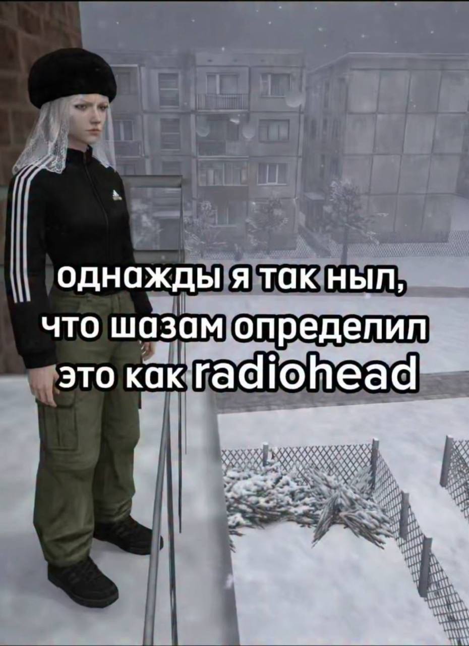 Девушка стоит на заснеженной крыше, а надпись шутит о том, что сильное нытьё Shazam принял за Radiohead.