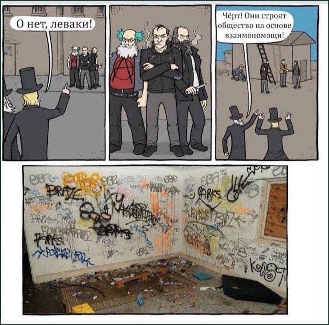 Сатирический комикс о леваках, которые якобы строят общество на основе взаимопомощи, но в итоге оставляют после себя разруху и граффити.
