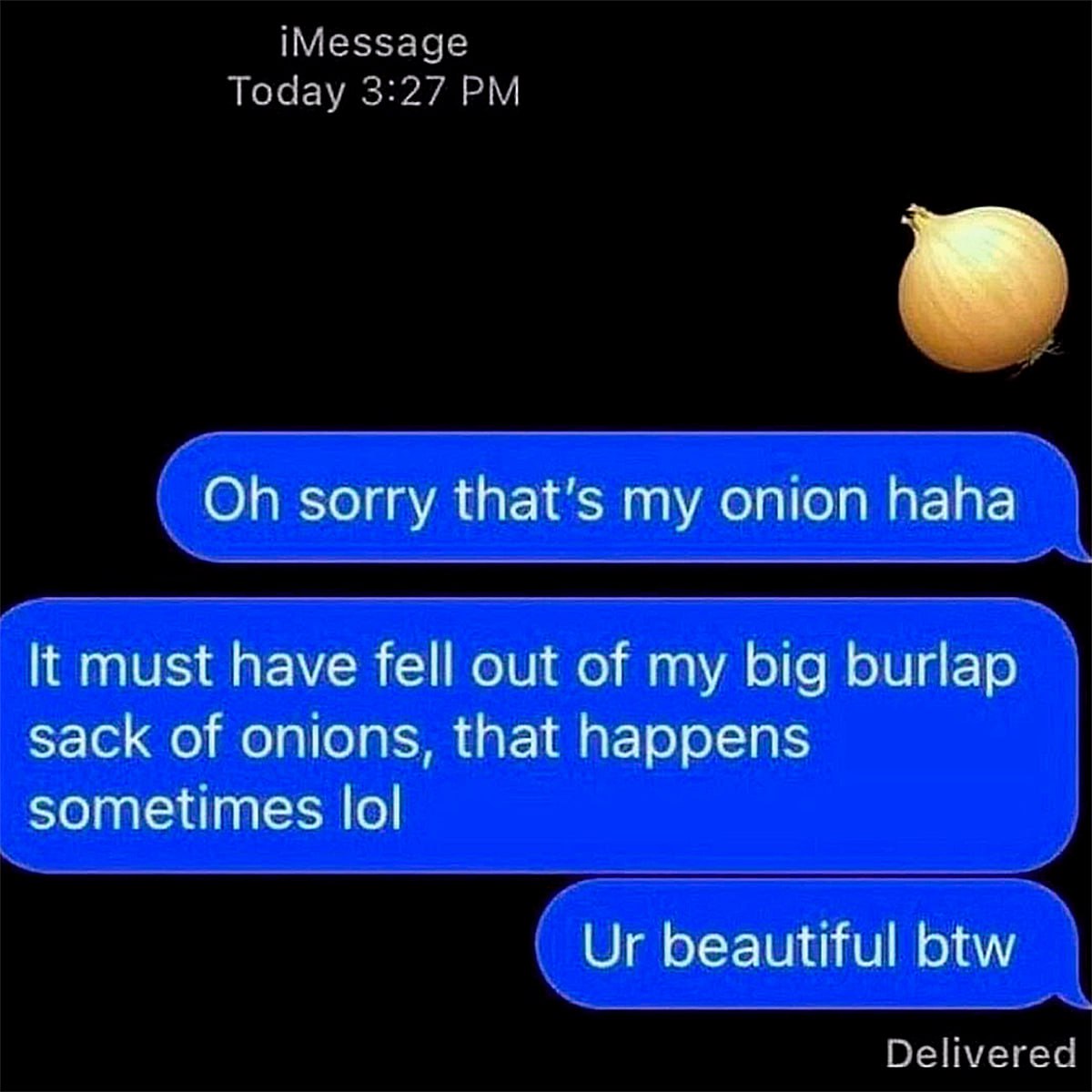 Oh sorry that's my onion Переписка, где человек якобы случайно отправил эмодзи луковицы и попытался это объяснить, после чего сделал комплимент.