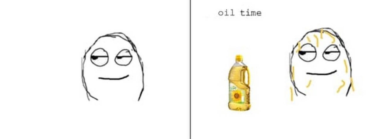 Oil time Радостное лицо тролля до и после "масляного времени", когда он покрывается подсолнечным маслом
