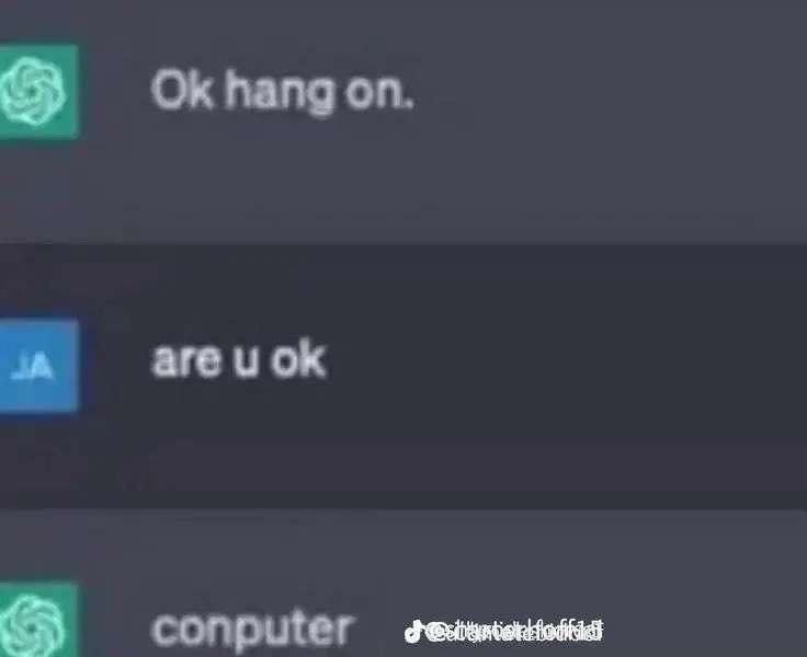 Ok hang on are u ok conputer Мем с перепиской, где ИИ странно отвечает "Ok hang on", "are u ok" и "conputer"