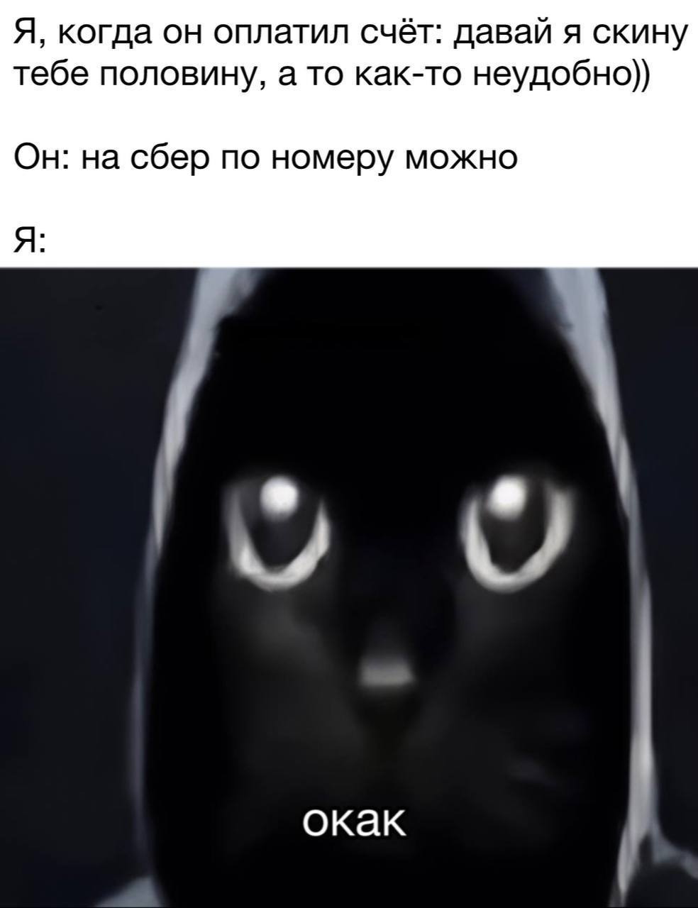 Окак мем Мем, где человек предлагает оплатить половину счета, но ему дают реквизиты, и он просто отвечает «окак»