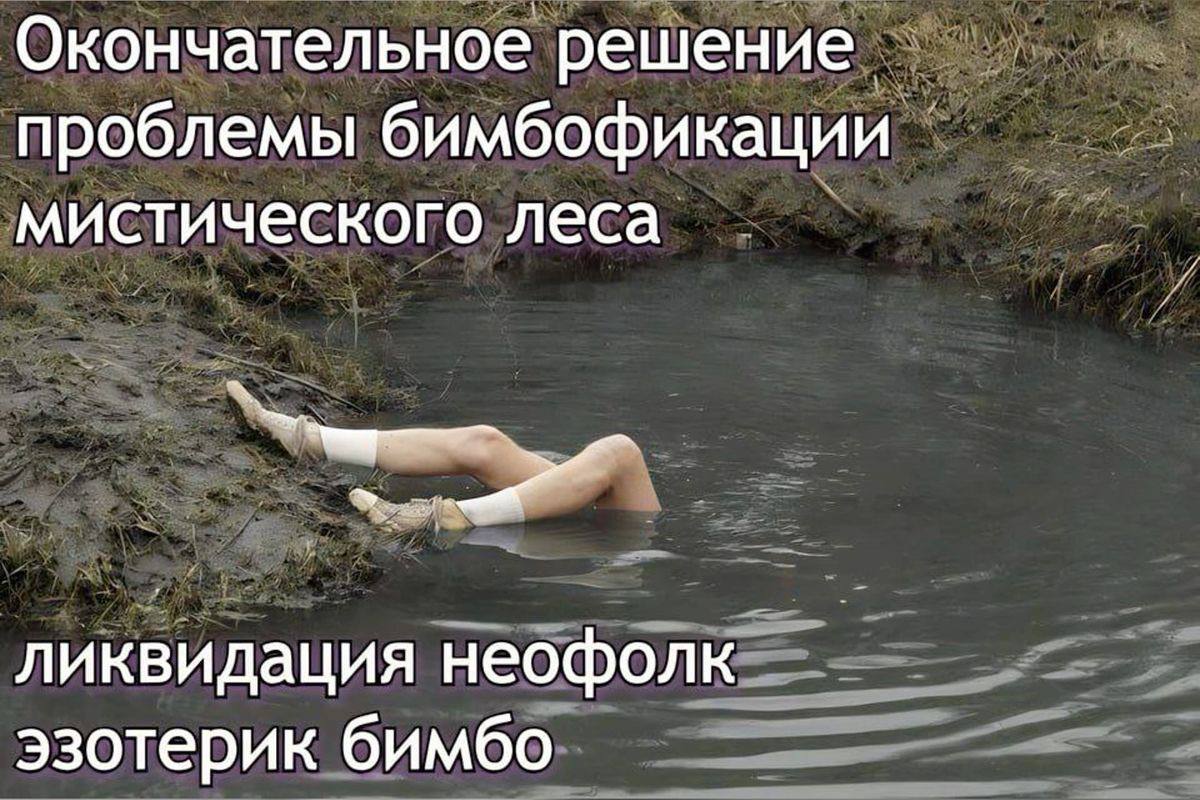 Окончательное решение проблемы бимбофикации мистического леса Фотография, на которой изображены чьи-то ноги, торчащие из грязного водоема, и текст "Окончательное решение проблемы бимбофикации мистического леса. Ликвидация неофолк эзотерик бимбо".