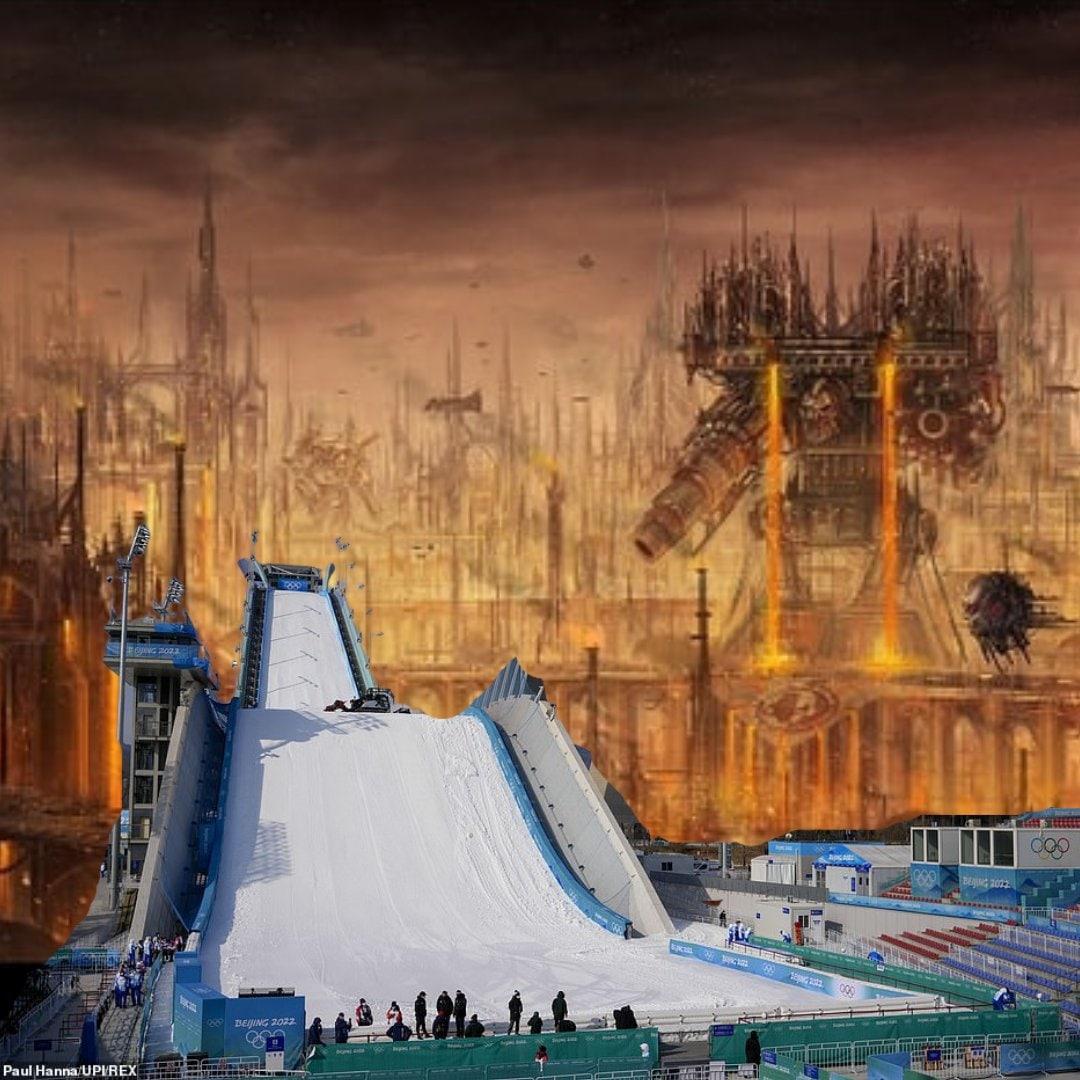 Олимпийский трамплин в стиле Warhammer 40000 Олимпийский трамплин из Пекина 2022 года, помещенный на фон индустриальных зданий и техники из вселенной Warhammer 40,000