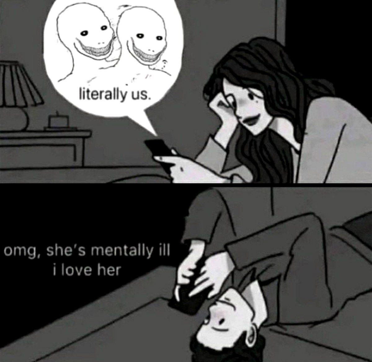 OMG, she's mentally ill, i love her Девушка присылает мем с ухмыляющимися человечками своему парню