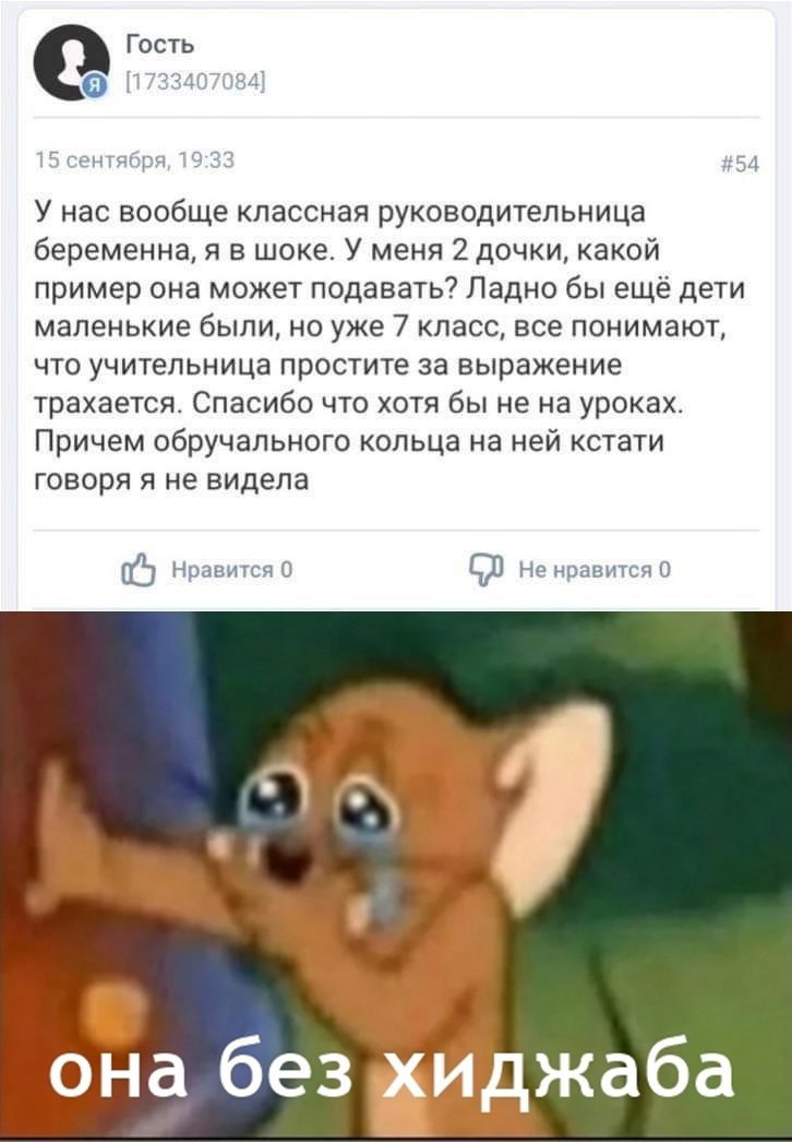 Она без хиджаба Удивлённый Том из мультфильма "Том и Джерри" смотрит на комментарий о беременной учительнице и текст "она без хиджаба"