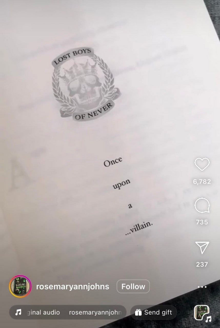 Once upon a villain Книга "Lost Boys Of Never" с фразой "Once upon a villain" на странице