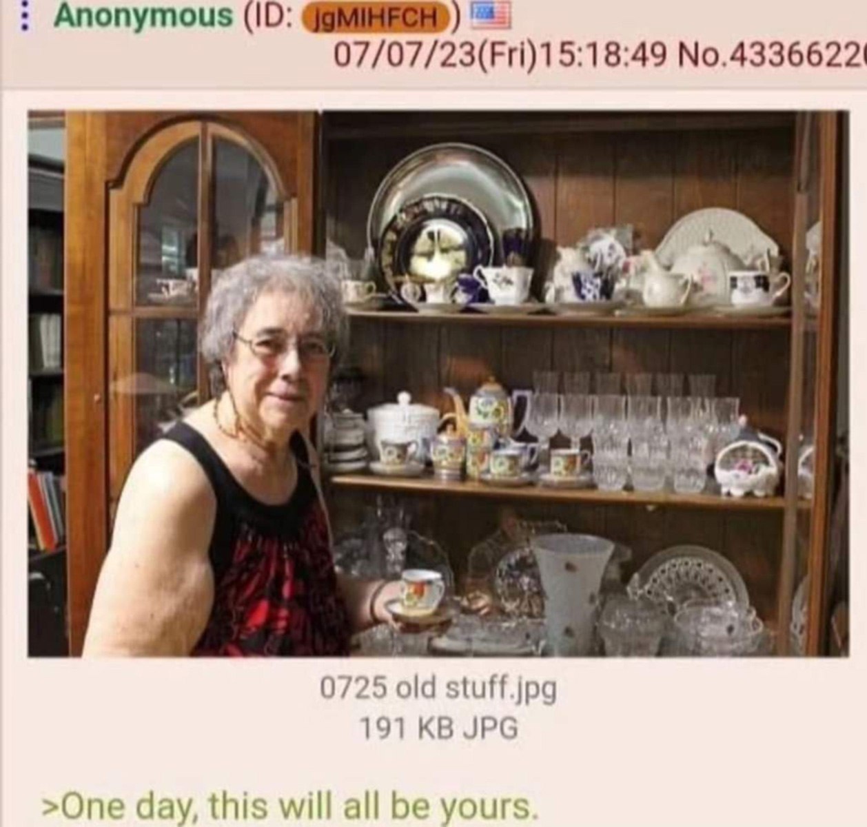 One day, this will all be yours Пожилая женщина в очках на фоне серванта с посудой