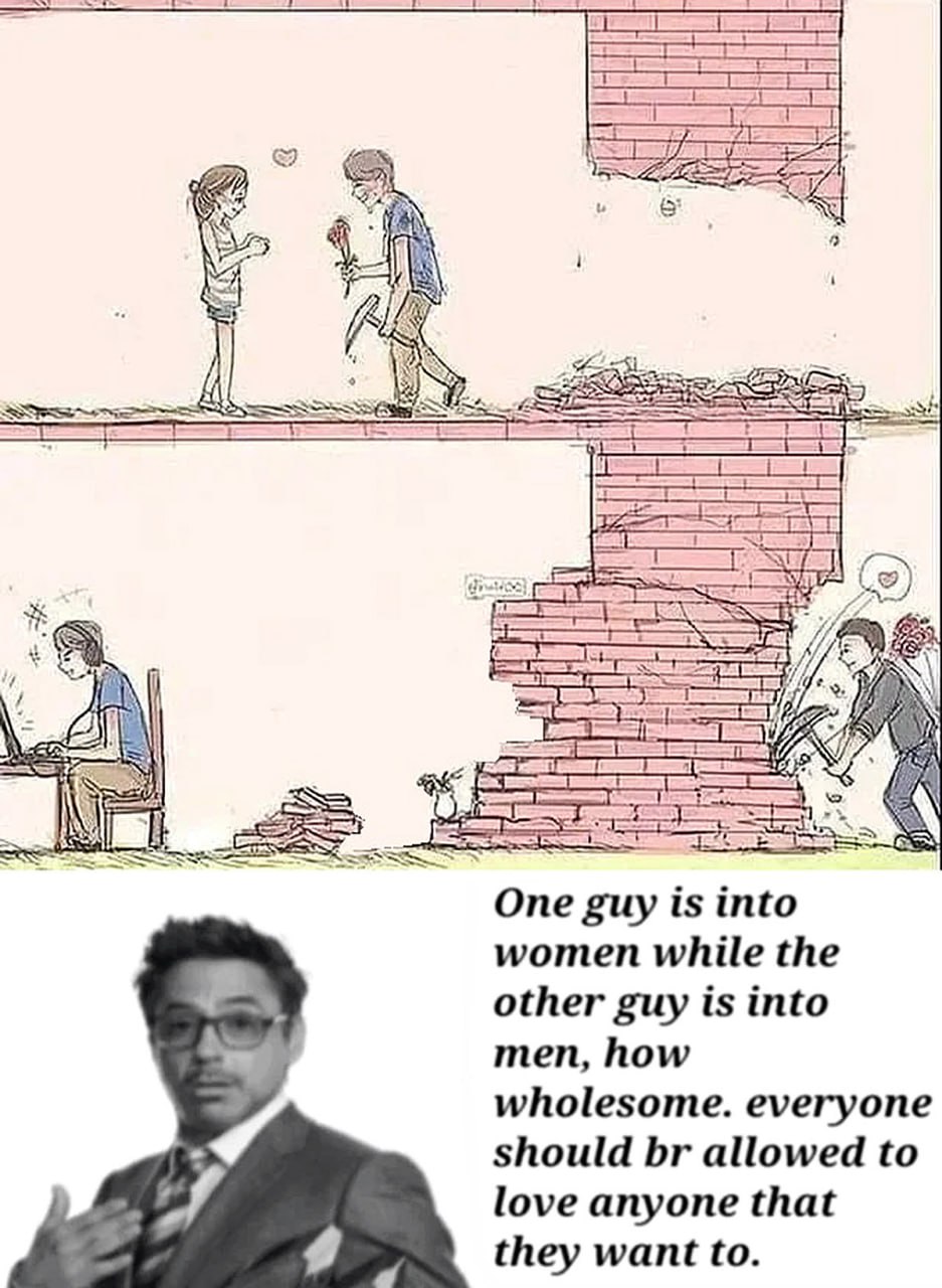 One guy is into women while the other guy is into men Мем, где парень дарит девушке цветы, ломая при этом стену, а снизу другой парень тоже ломает стену к мужчине за компьютером, с подписью о любви